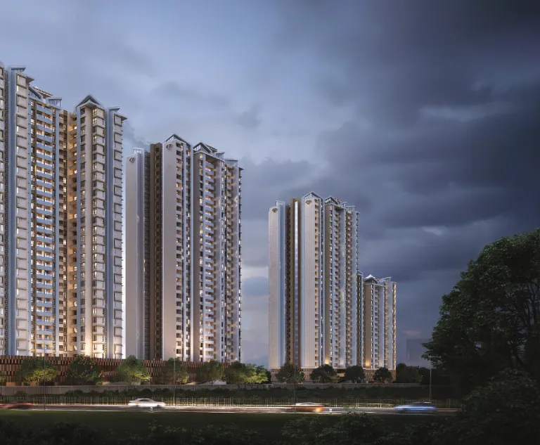 F Signature by GK Associates - the towers against an evening sky, Punawale-Tathawade, Pune